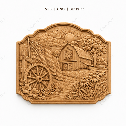 CNC & impression 3D relief ferme américaine, grange country avec drapeau et roue de chariot, fichier STL haute qualité