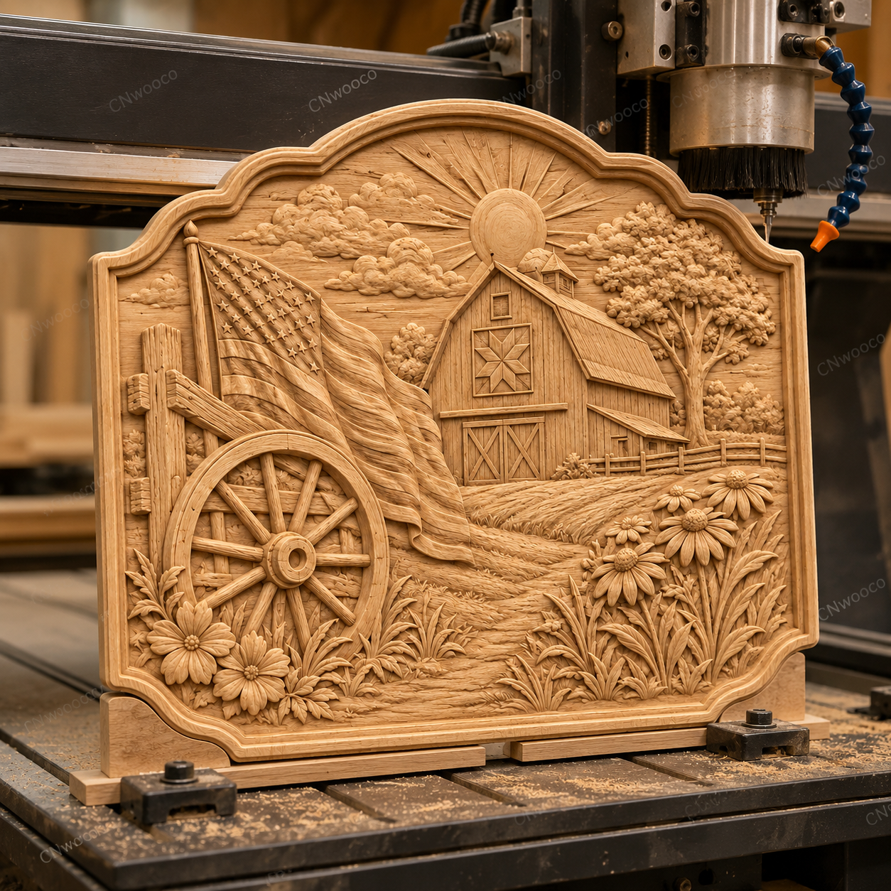 CNC & impression 3D relief ferme américaine, grange country avec drapeau et roue de chariot, fichier STL haute qualité