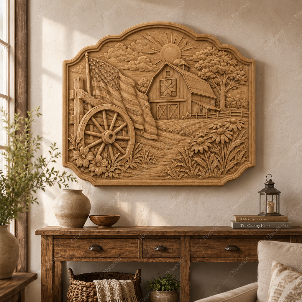 CNC & impression 3D relief ferme américaine, grange country avec drapeau et roue de chariot, fichier STL haute qualité