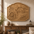 CNC & impression 3D relief ferme américaine, grange country avec drapeau et roue de chariot, fichier STL haute qualité