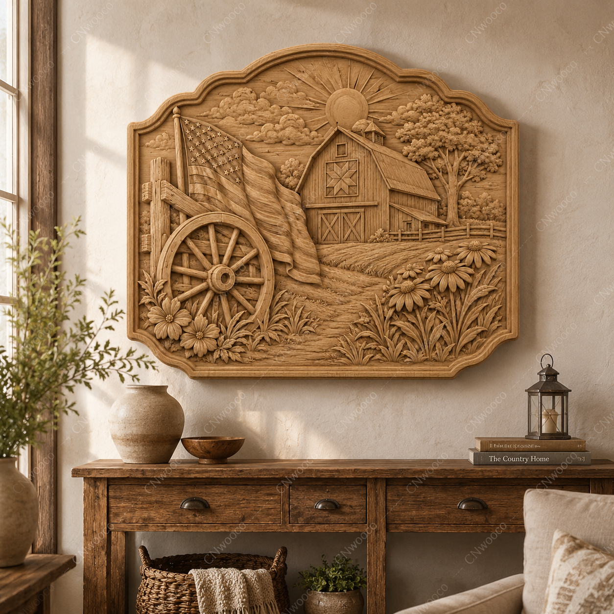 CNC & impression 3D relief ferme américaine, grange country avec drapeau et roue de chariot, fichier STL haute qualité