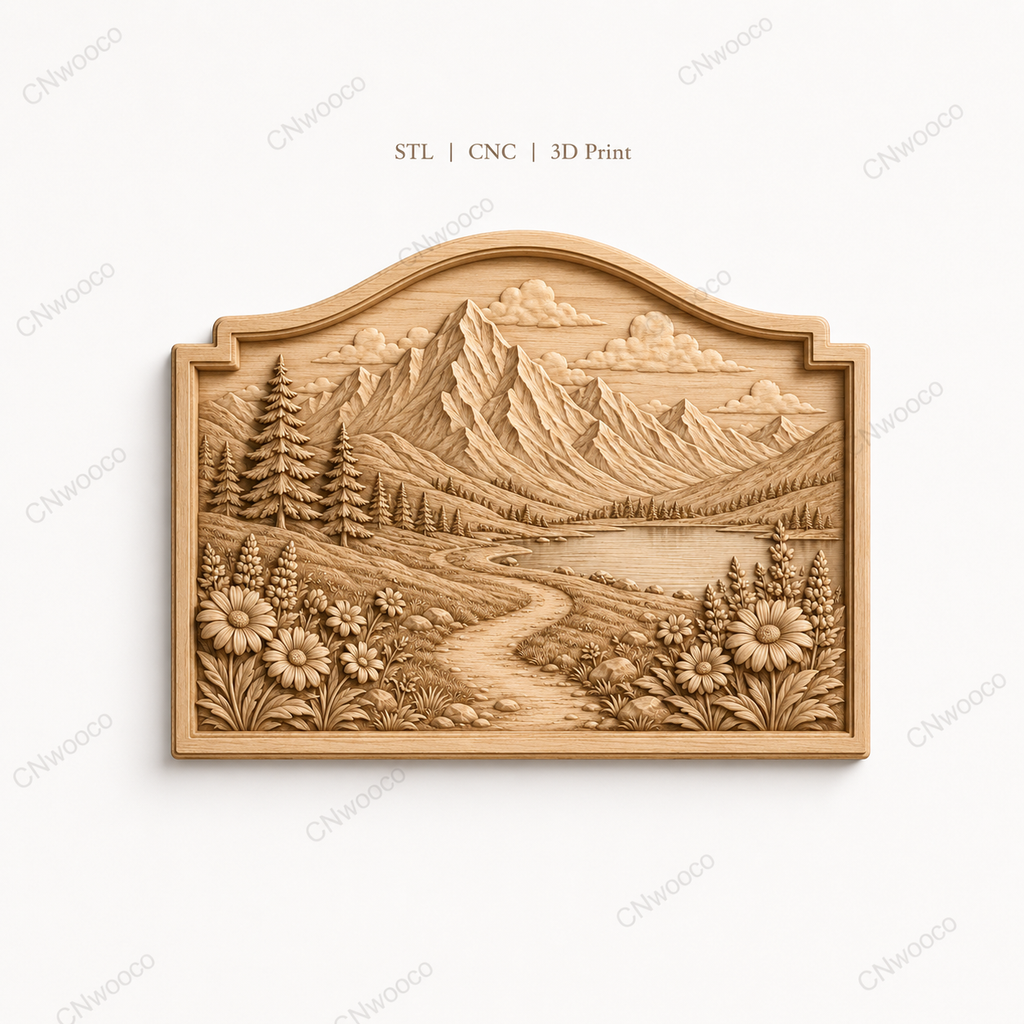CNC & impression 3D relief paysage de montagne, lac alpin, sapins et fleurs, fichier STL très haute qualité