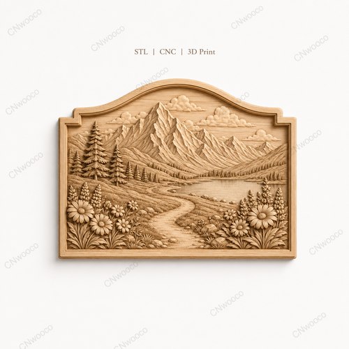 CNC & impression 3D relief paysage de montagne, lac alpin, sapins et fleurs, fichier STL très haute qualité