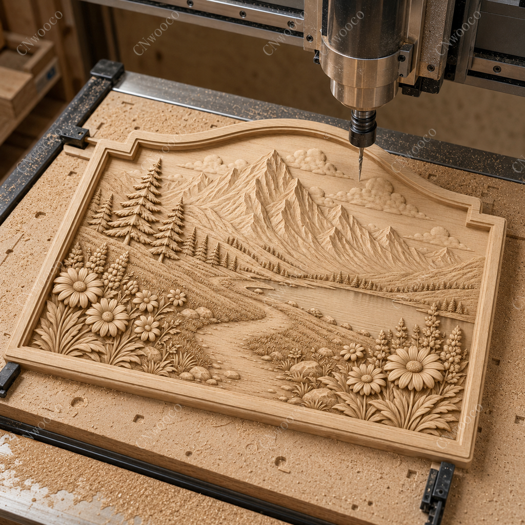 CNC & impression 3D relief paysage de montagne, lac alpin, sapins et fleurs, fichier STL très haute qualité