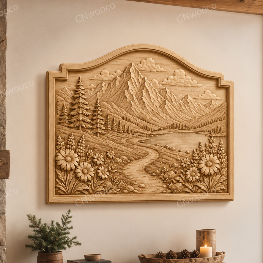 CNC & impression 3D relief paysage de montagne, lac alpin, sapins et fleurs, fichier STL très haute qualité