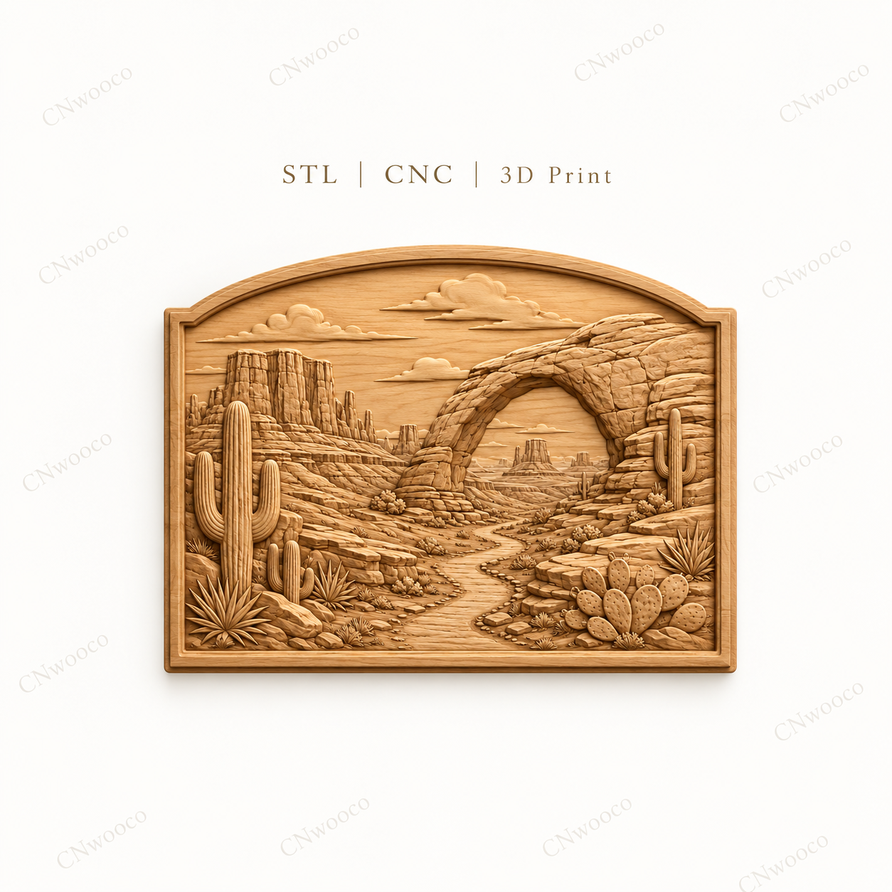 CNC & impression 3D relief désert américain, arches rocheuses, cactus et paysage western, fichier STL très haute qualité