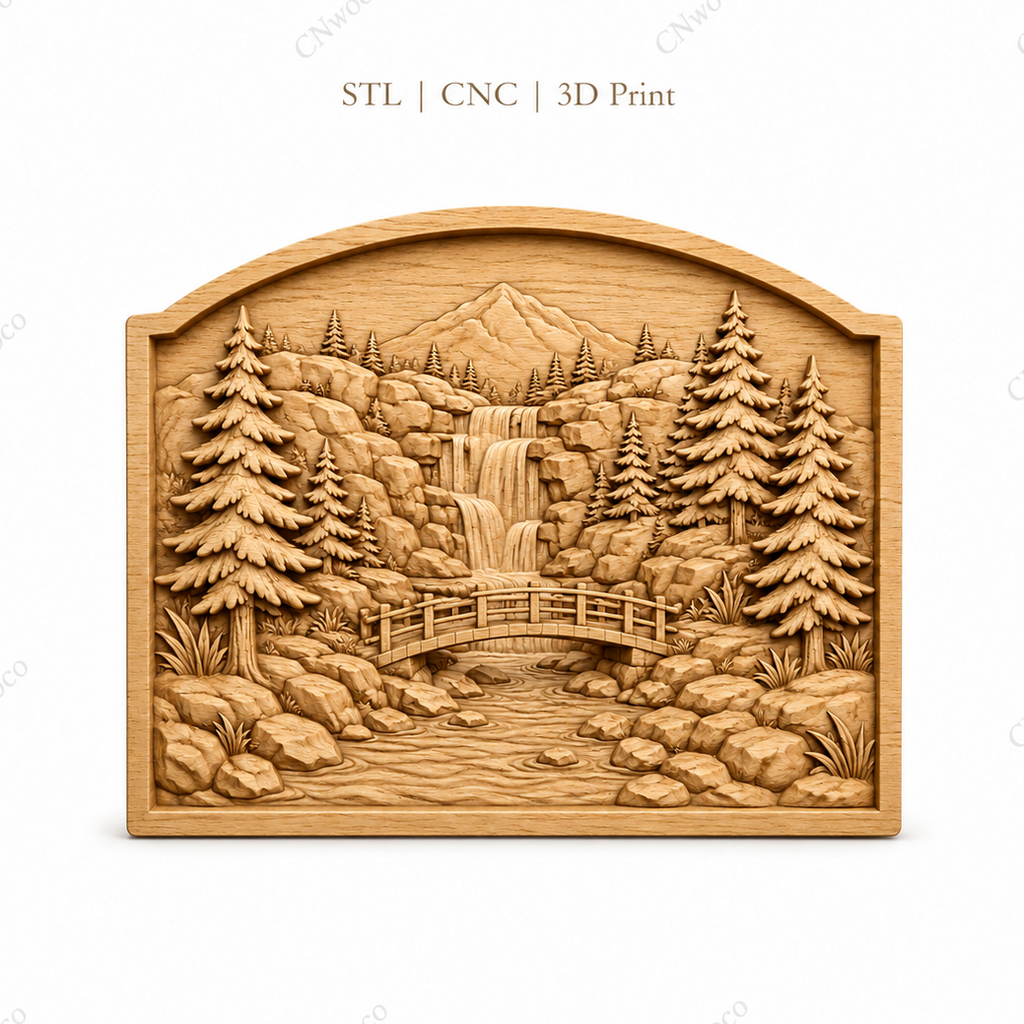 CNC & impression 3D relief cascade en forêt, pont en bois, sapins et paysage montagne, fichier STL très haute qualité