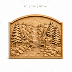CNC & impression 3D relief cascade en forêt, pont en bois, sapins et paysage montagne, fichier STL très haute qualité