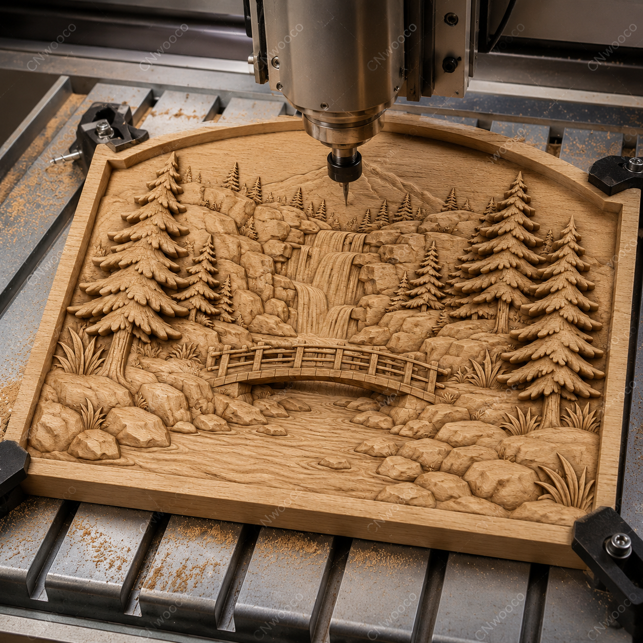 CNC & impression 3D relief cascade en forêt, pont en bois, sapins et paysage montagne, fichier STL très haute qualité