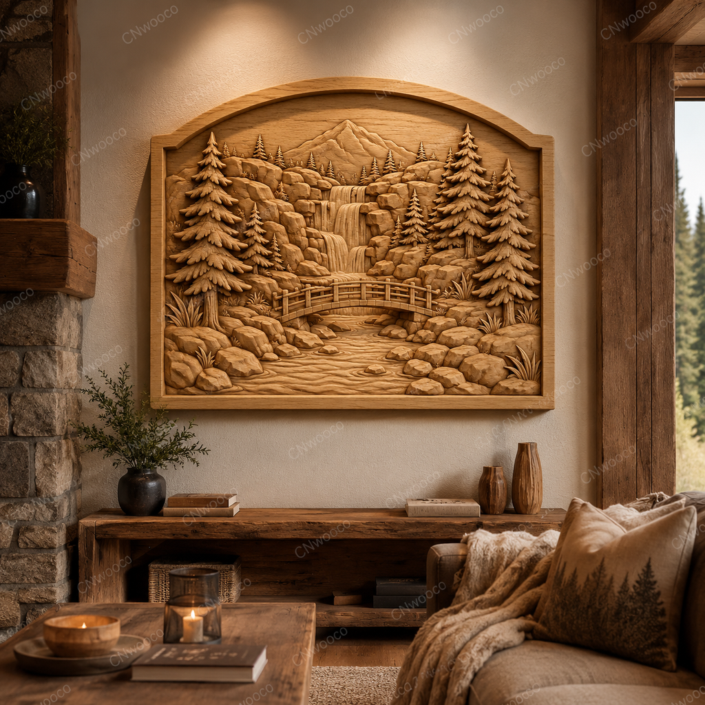 CNC & impression 3D relief cascade en forêt, pont en bois, sapins et paysage montagne, fichier STL très haute qualité