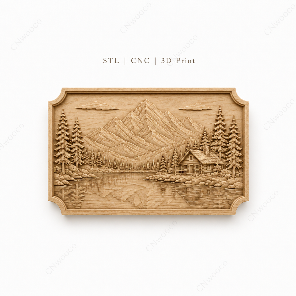 CNC & impression 3D relief chalet au bord du lac, montagnes, sapins et paysage nature, fichier STL haute qualité