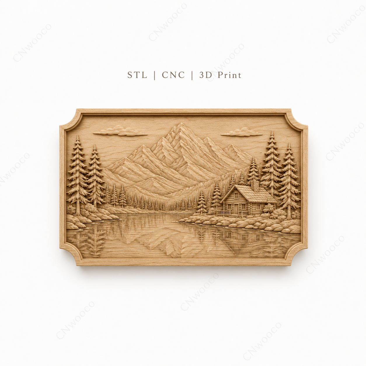 CNC & impression 3D relief chalet au bord du lac, montagnes, sapins et paysage nature, fichier STL haute qualité