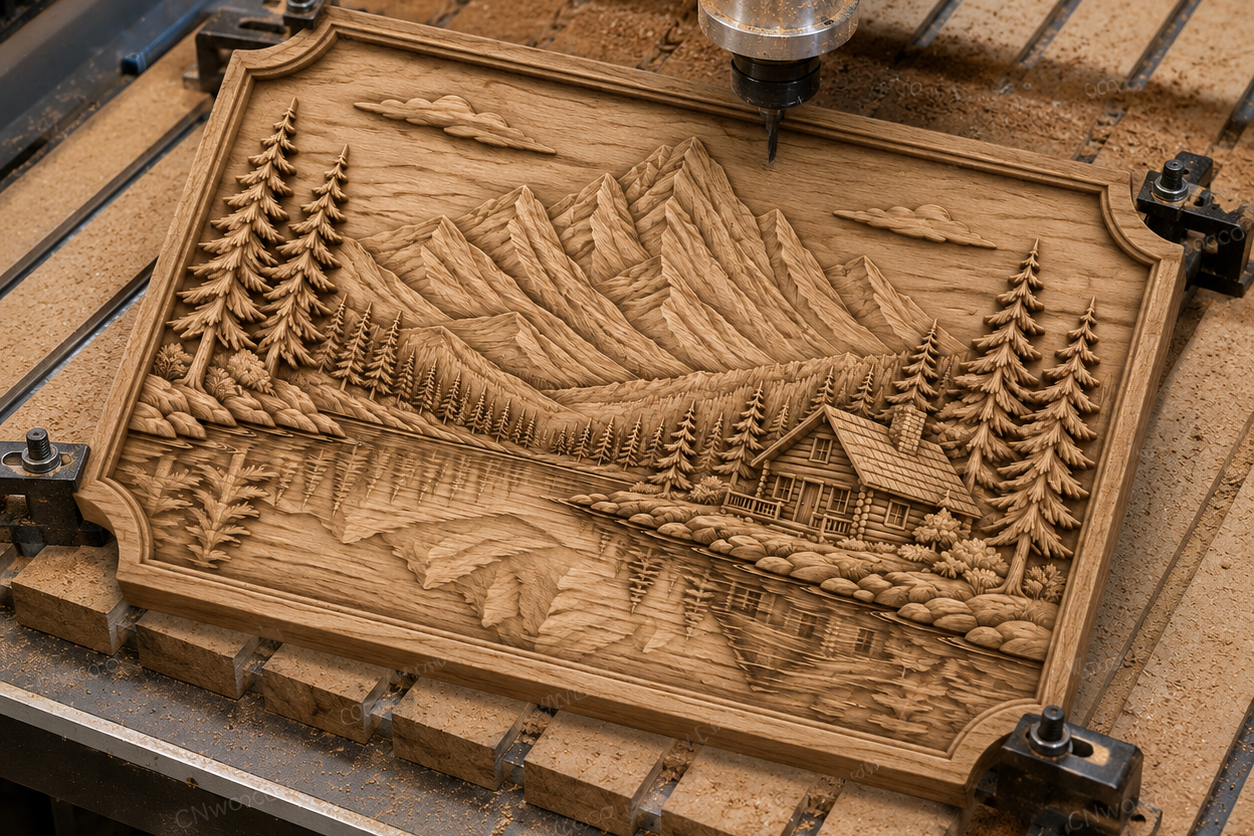 CNC & impression 3D relief chalet au bord du lac, montagnes, sapins et paysage nature, fichier STL haute qualité