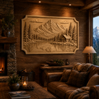 CNC & impression 3D relief chalet au bord du lac, montagnes, sapins et paysage nature, fichier STL haute qualité