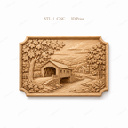 CNC & impression 3D relief pont couvert rustique, rivière, arbres et paysage country, fichier STL très haute qualité
