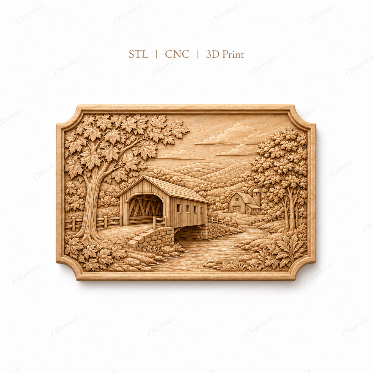 CNC & impression 3D relief pont couvert rustique, rivière, arbres et paysage country, fichier STL très haute qualité