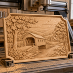 CNC & impression 3D relief pont couvert rustique, rivière, arbres et paysage country, fichier STL très haute qualité