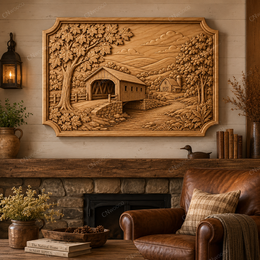 CNC & impression 3D relief pont couvert rustique, rivière, arbres et paysage country, fichier STL très haute qualité
