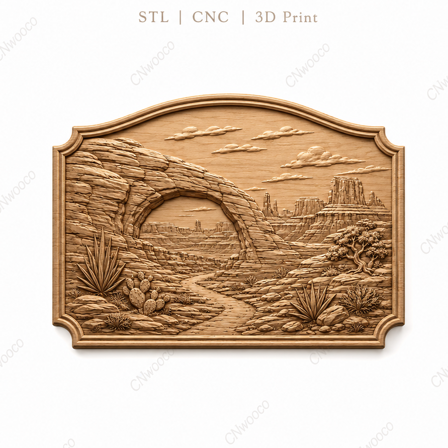 CNC & impression 3D relief paysage désert western, arche rocheuse, cactus et mesas, fichier STL très haute qualité