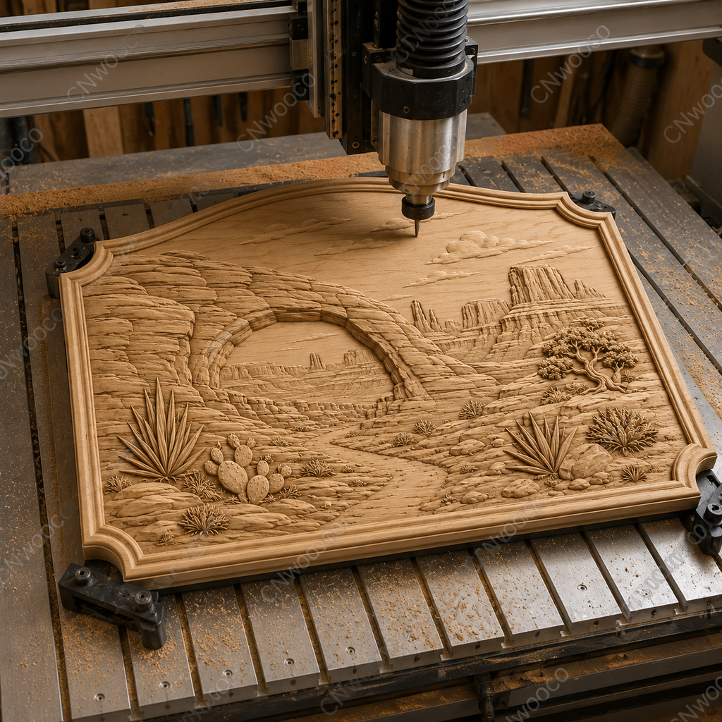 CNC & impression 3D relief paysage désert western, arche rocheuse, cactus et mesas, fichier STL très haute qualité