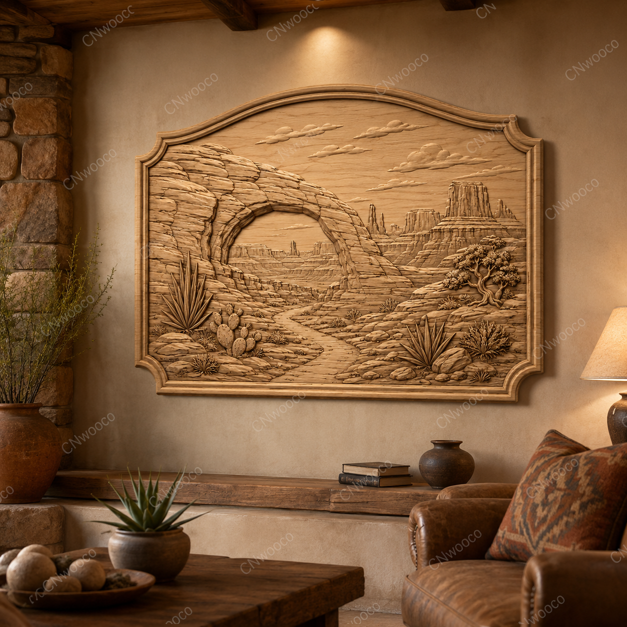 CNC & impression 3D relief paysage désert western, arche rocheuse, cactus et mesas, fichier STL très haute qualité