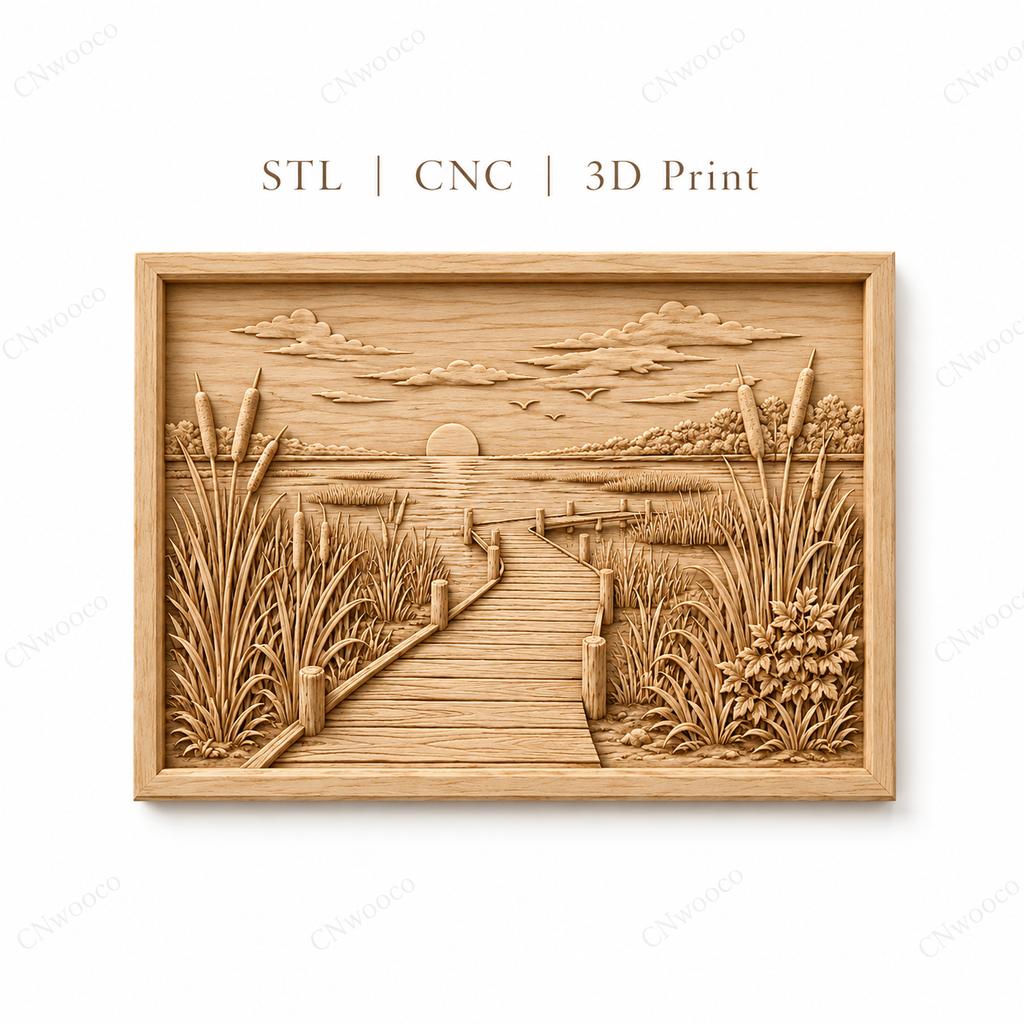 CNC & impression 3D relief ponton au bord du lac, roseaux, coucher de soleil et paysage nature, fichier STL haute qualité