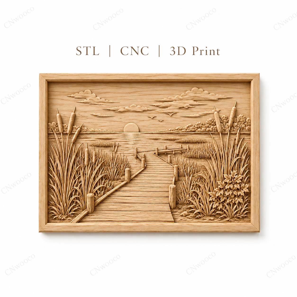 CNC & impression 3D relief ponton au bord du lac, roseaux, coucher de soleil et paysage nature, fichier STL haute qualité