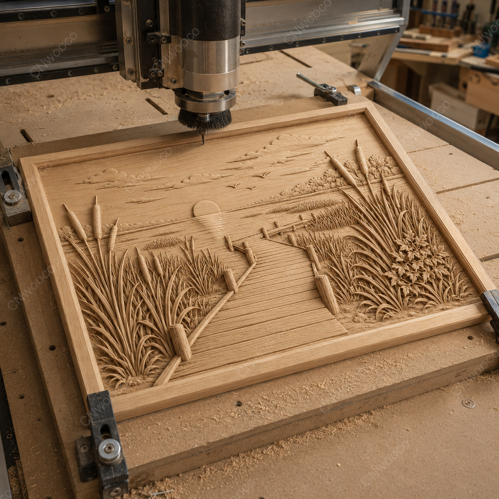 CNC & impression 3D relief ponton au bord du lac, roseaux, coucher de soleil et paysage nature, fichier STL haute qualité