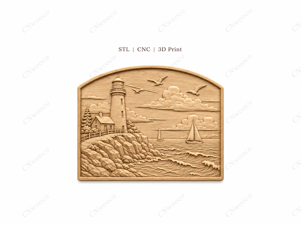 CNC & impression 3D relief phare côtier, voiliers, rochers et mer, sculpture bois fichier STL haute qualité