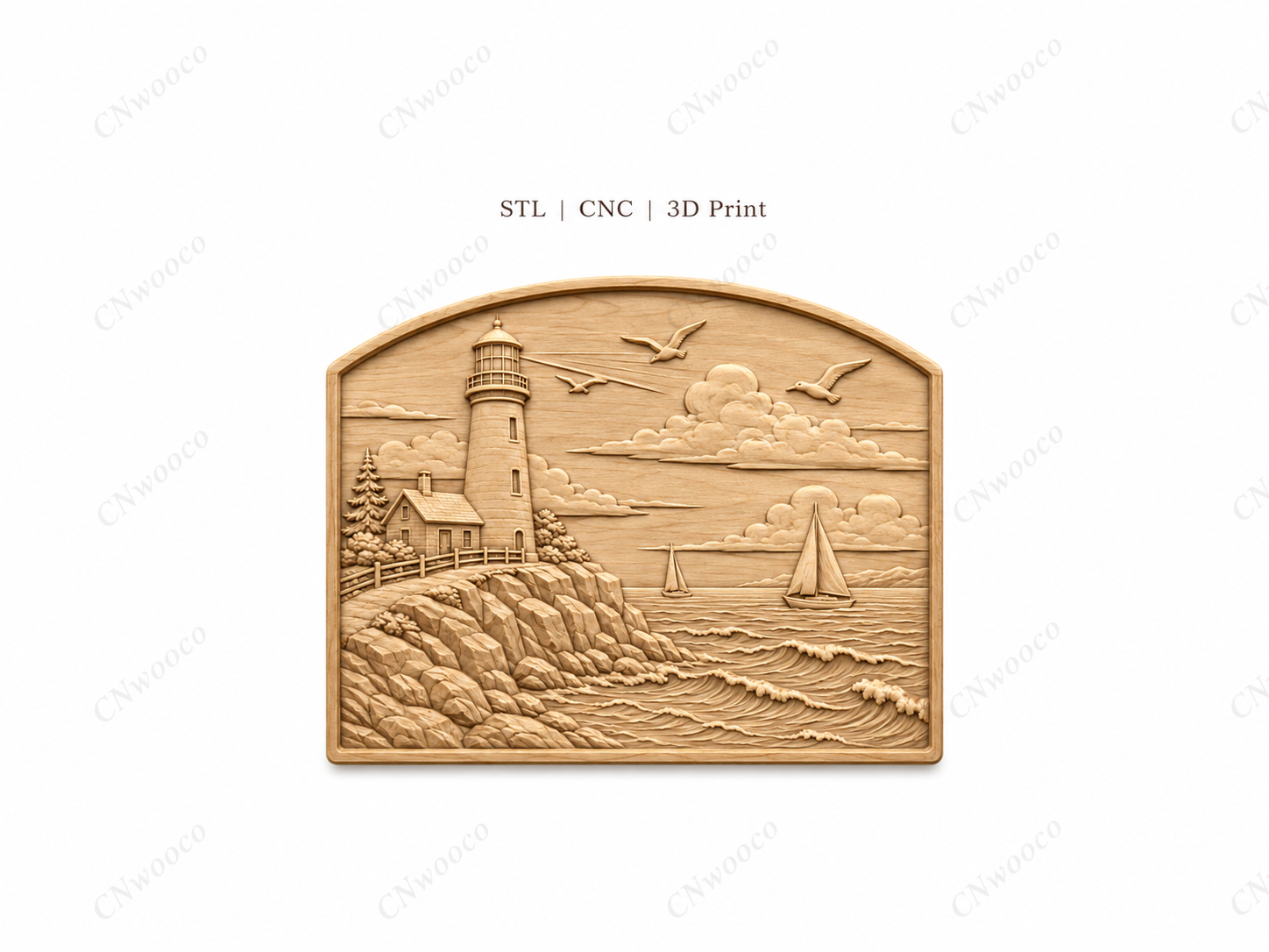 CNC & impression 3D relief phare côtier, voiliers, rochers et mer, sculpture bois fichier STL haute qualité