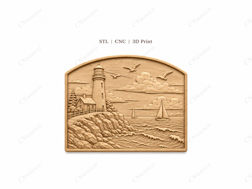 CNC & impression 3D relief phare côtier, voiliers, rochers et mer, sculpture bois fichier STL haute qualité