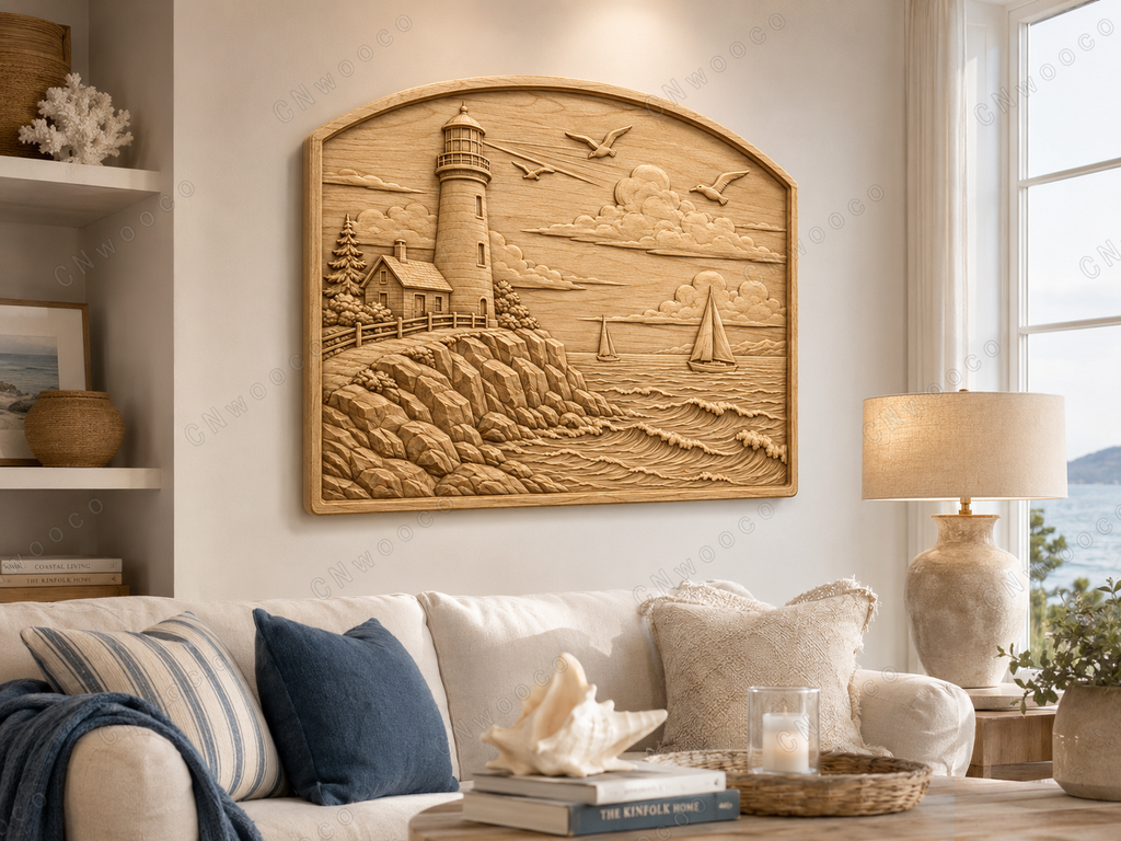 CNC & impression 3D relief phare côtier, voiliers, rochers et mer, sculpture bois fichier STL haute qualité