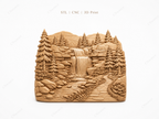 CNC & impression 3D relief cascade de montagne, sapins, rochers et rivière, sculpture bois fichier STL haute qualité