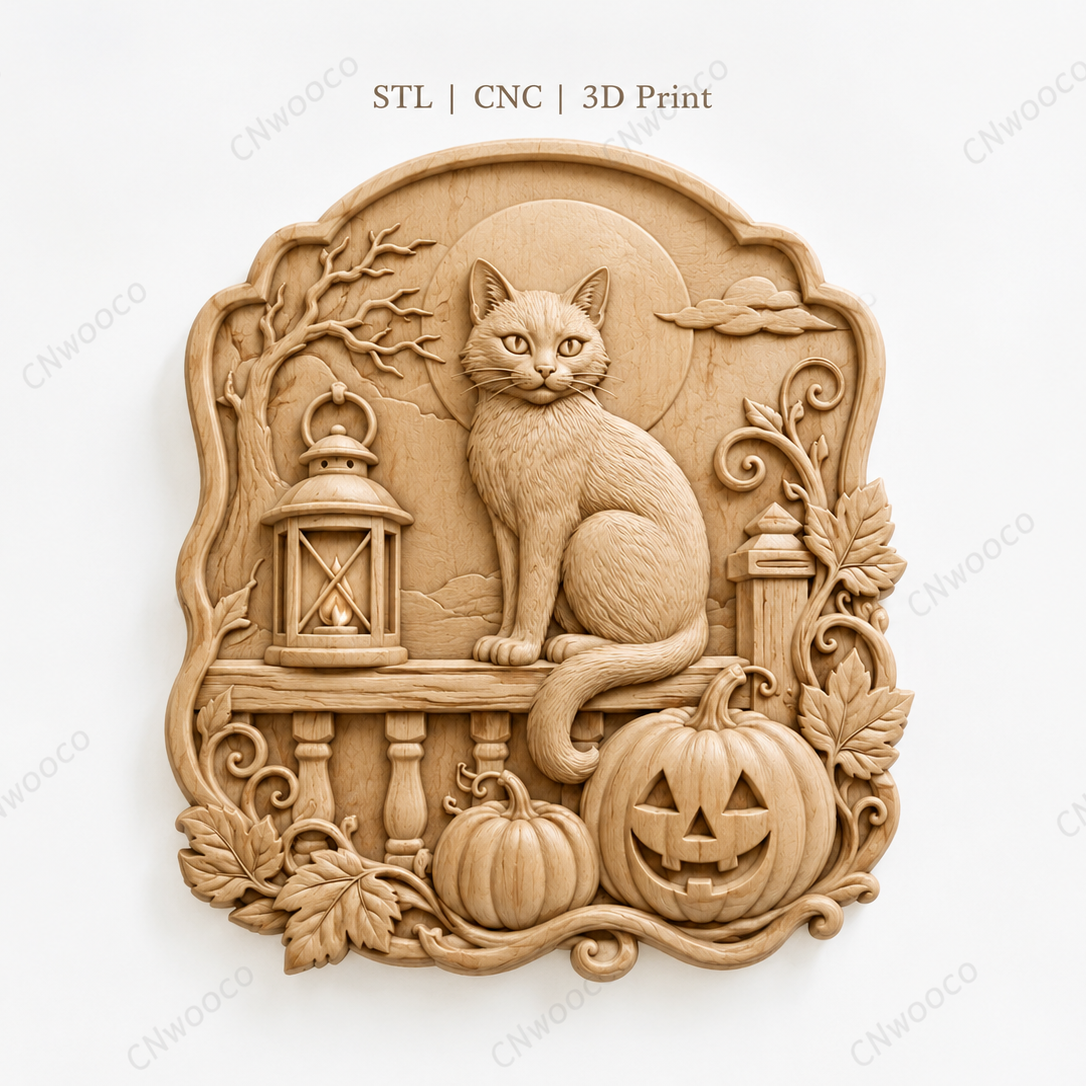 CNC & impression 3D relief chat Halloween avec citrouilles, lanterne et feuilles d’automne, fichier STL très haute qualité