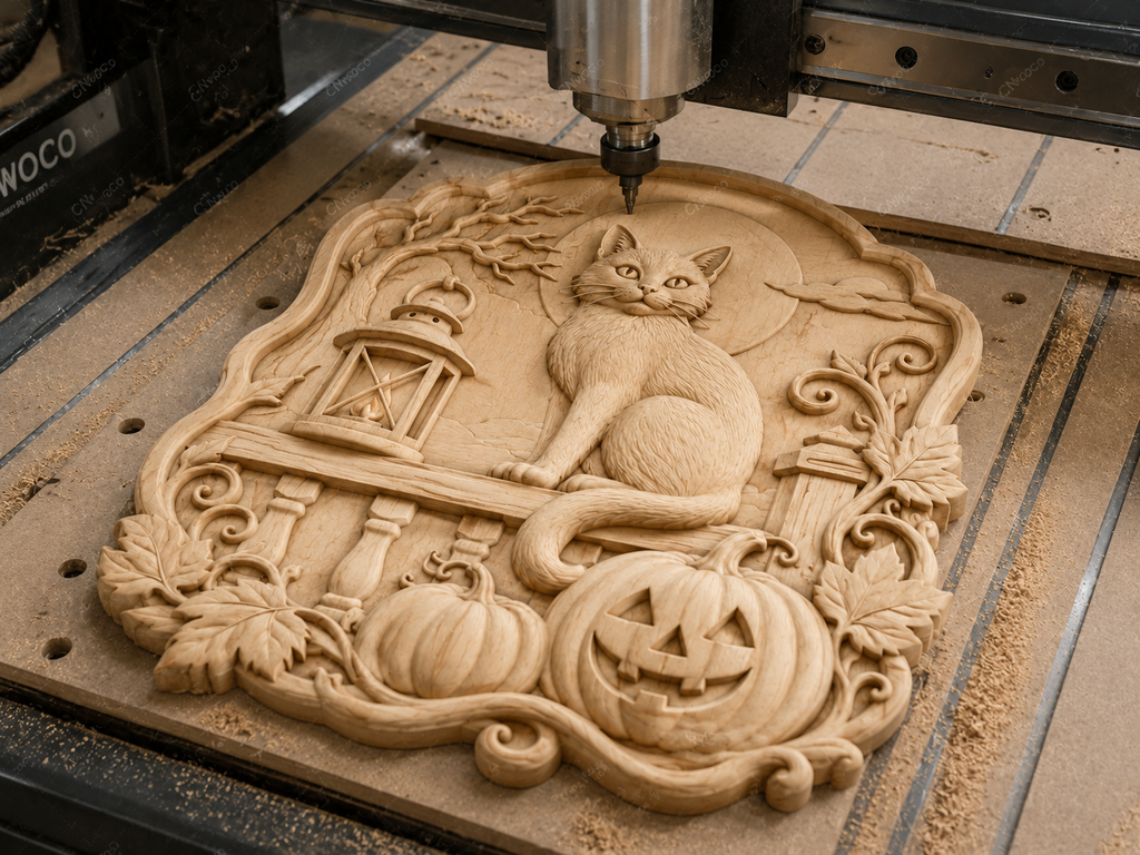 CNC & impression 3D relief chat Halloween avec citrouilles, lanterne et feuilles d’automne, fichier STL très haute qualité