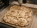 CNC & impression 3D relief chat Halloween avec citrouilles, lanterne et feuilles d’automne, fichier STL très haute qualité