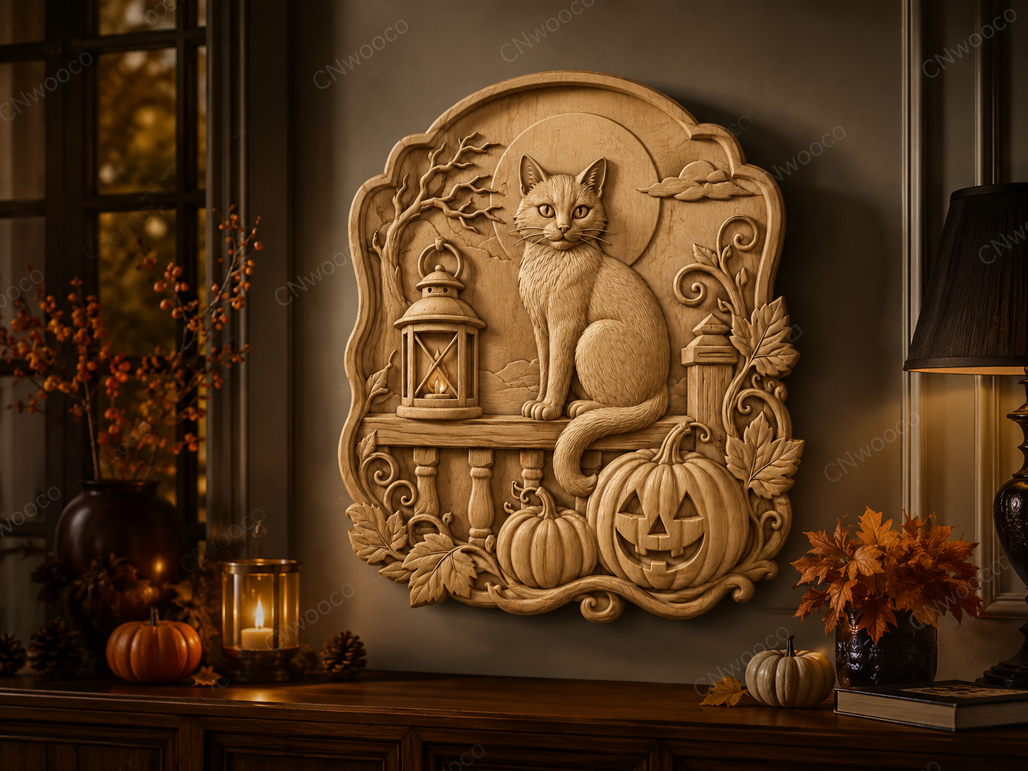 CNC & impression 3D relief chat Halloween avec citrouilles, lanterne et feuilles d’automne, fichier STL très haute qualité