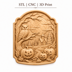 CNC & impression 3D relief Halloween avec chouette, maison hantée, pleine lune et citrouilles, fichier STL haute qualité