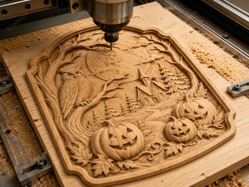 CNC & impression 3D relief Halloween avec chouette, maison hantée, pleine lune et citrouilles, fichier STL haute qualité
