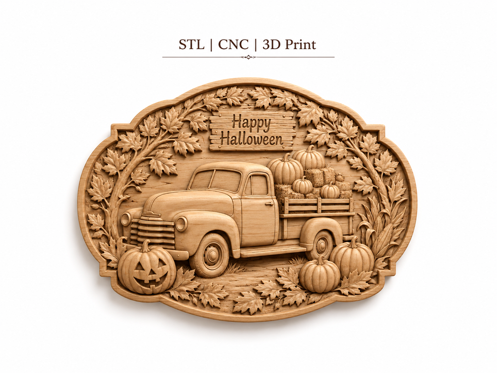 Relief camion vintage Halloween CNC & impression 3D, citrouilles, feuilles d’automne et panneau Happy Halloween, fichier STL haute qualité