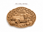 Relief camion vintage Halloween CNC & impression 3D, citrouilles, feuilles d’automne et panneau Happy Halloween, fichier STL haute qualité