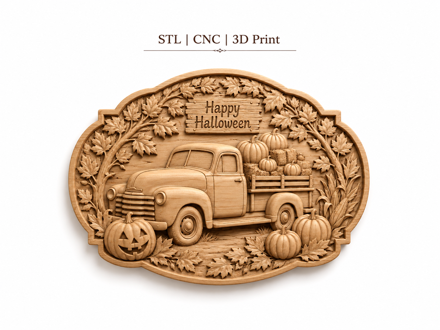 Relief camion vintage Halloween CNC & impression 3D, citrouilles, feuilles d’automne et panneau Happy Halloween, fichier STL haute qualité