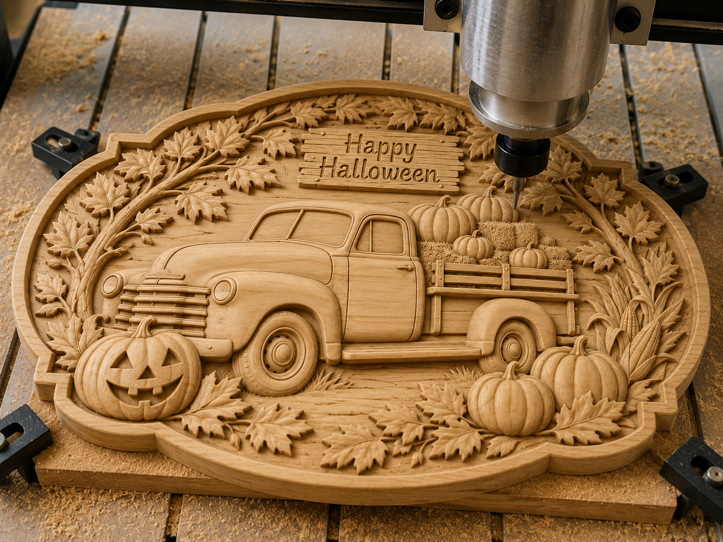 Relief camion vintage Halloween CNC & impression 3D, citrouilles, feuilles d’automne et panneau Happy Halloween, fichier STL haute qualité