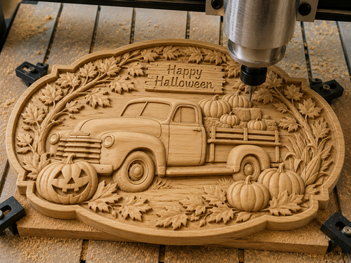 Relief camion vintage Halloween CNC & impression 3D, citrouilles, feuilles d’automne et panneau Happy Halloween, fichier STL haute qualité