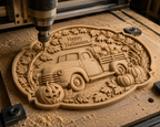 Relief camion vintage Halloween CNC & impression 3D, citrouilles, feuilles d’automne et panneau Happy Halloween, fichier STL haute qualité