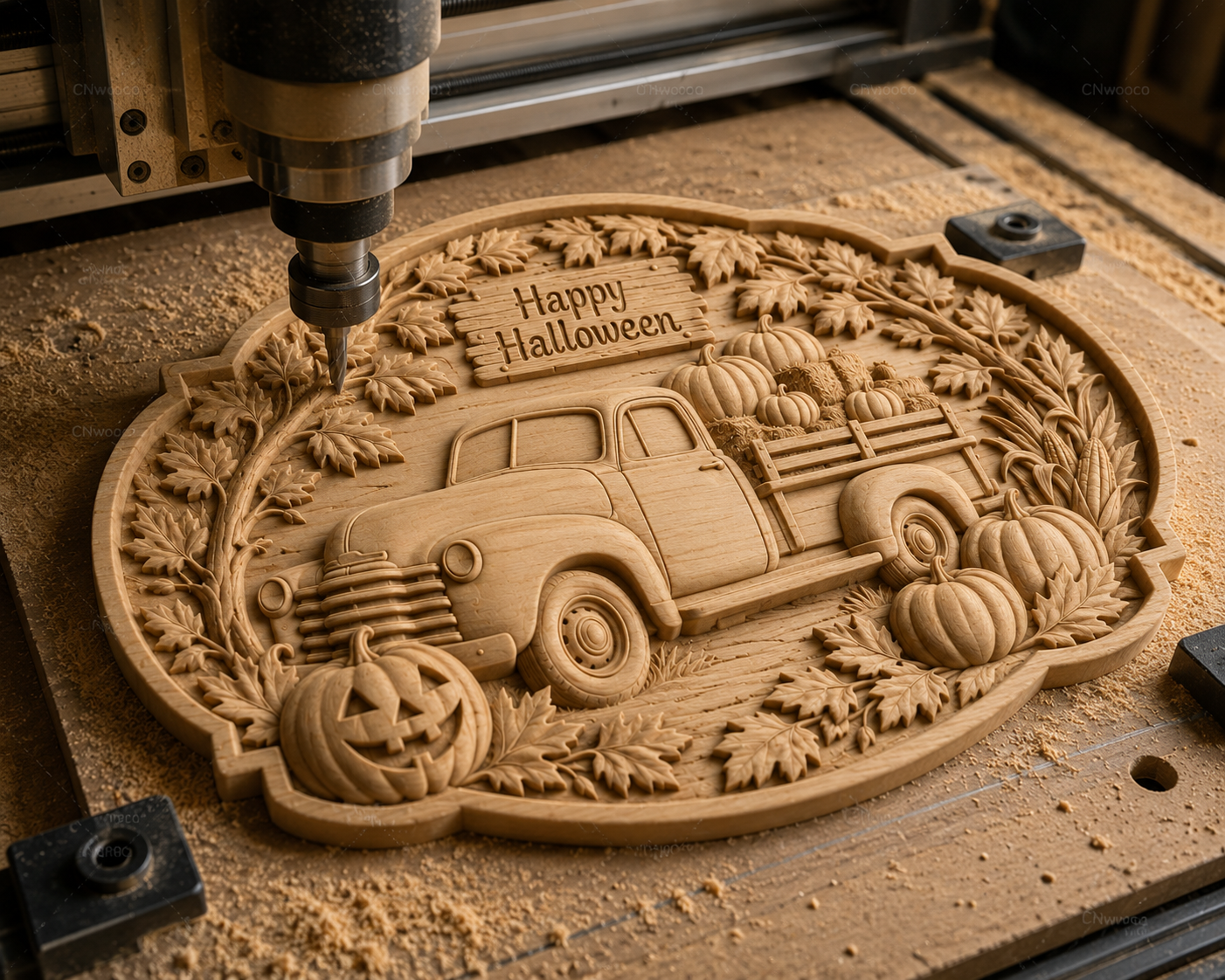 Relief camion vintage Halloween CNC & impression 3D, citrouilles, feuilles d’automne et panneau Happy Halloween, fichier STL haute qualité