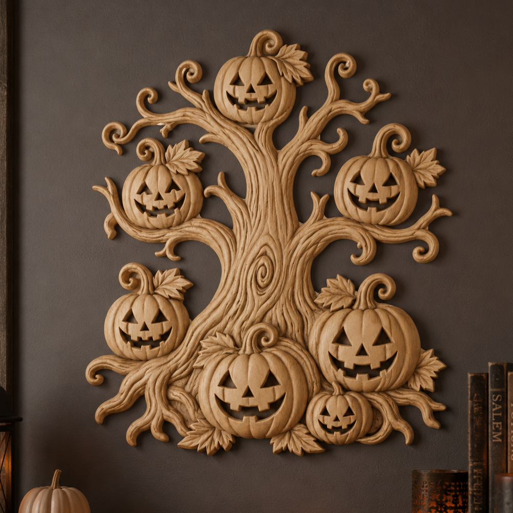 CNC & impression 3D relief arbre Halloween, citrouilles jack-o’-lantern et décor automne, fichier STL haute qualité