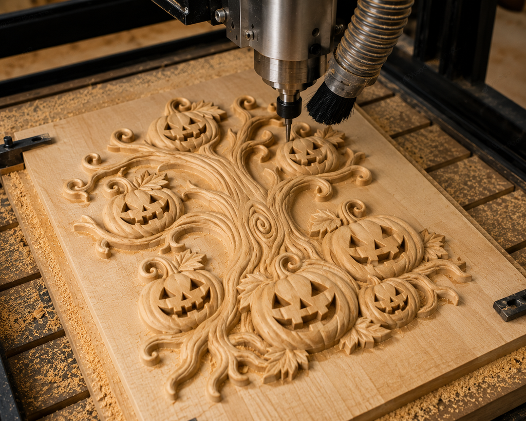 CNC & impression 3D relief arbre Halloween, citrouilles jack-o’-lantern et décor automne, fichier STL haute qualité
