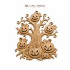 CNC & impression 3D relief arbre Halloween, citrouilles jack-o’-lantern et décor automne, fichier STL haute qualité