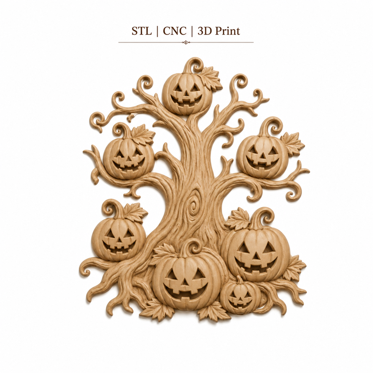 CNC & impression 3D relief arbre Halloween, citrouilles jack-o’-lantern et décor automne, fichier STL haute qualité
